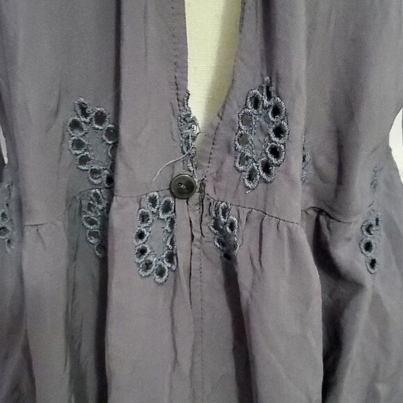 Blue Gray Boho Romantic Eyelet Fitted Waist Longline Duster Cardigan - Picture 3 of 11